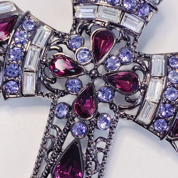 Real Collectibles by Adrienne Glass Rhinestone Cross Pendant Necklace Purple 50" - Picture 4 of 13